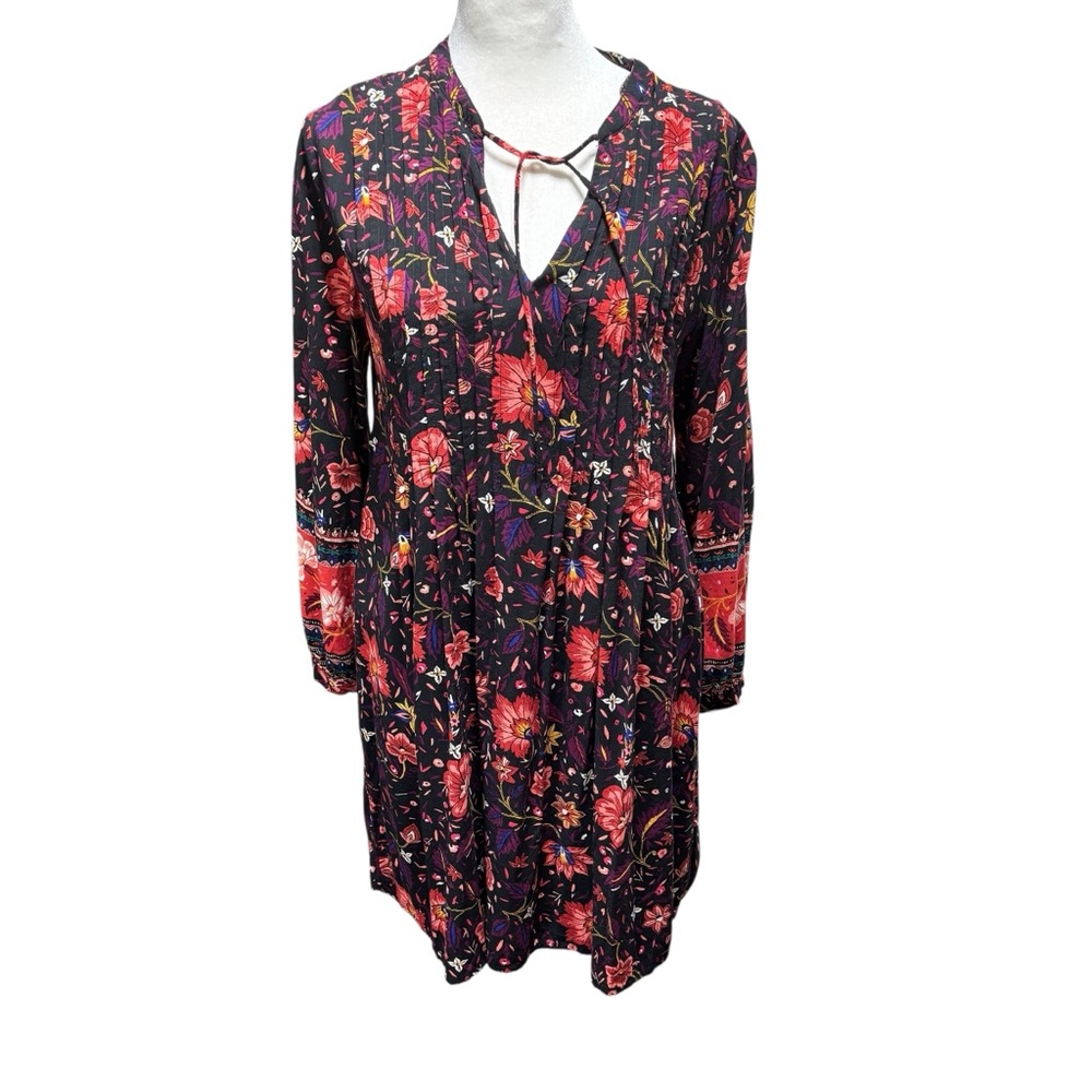 Boho Floral Print Mini Dress Black Red Long Sleeve Split Neck Tie‎ Front L #621